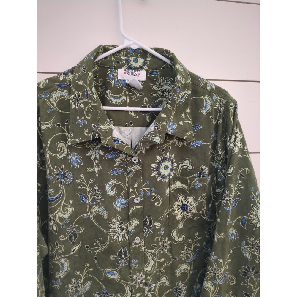 Main Street blues 2X spandex blend green floral suede button-down shacket fall